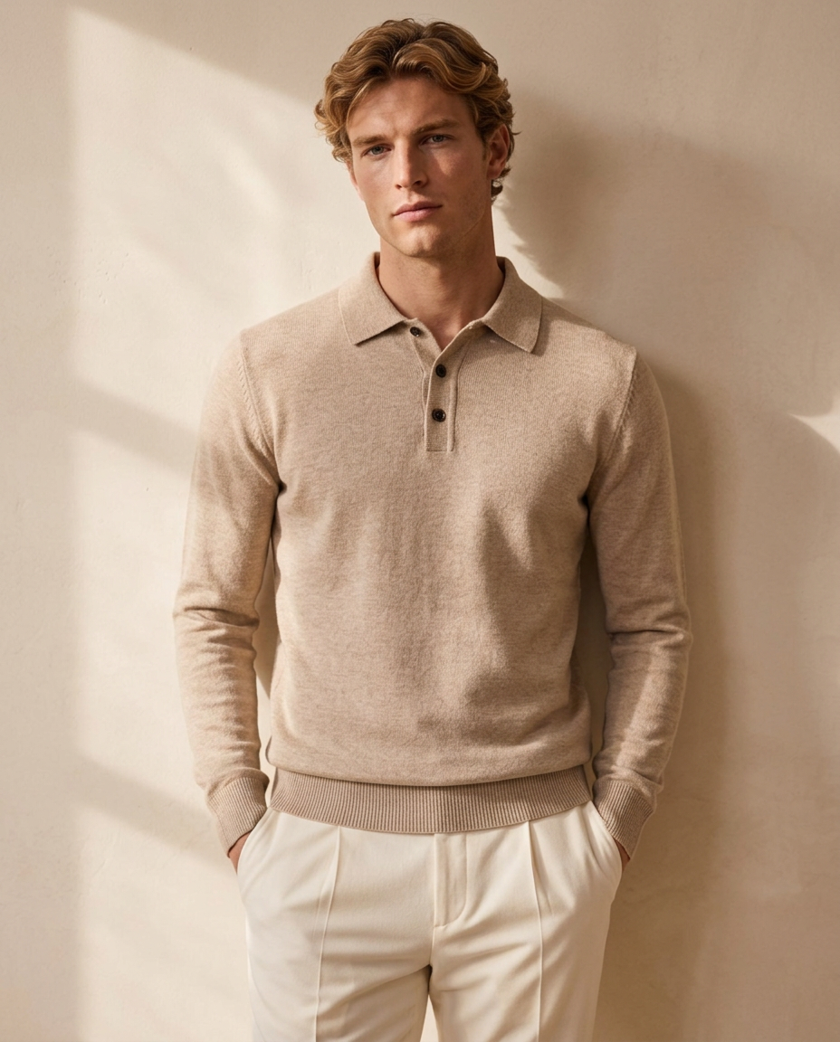Man wearing the Biarritz Knit Polo in Camel with cream trousers against a warm beige wall