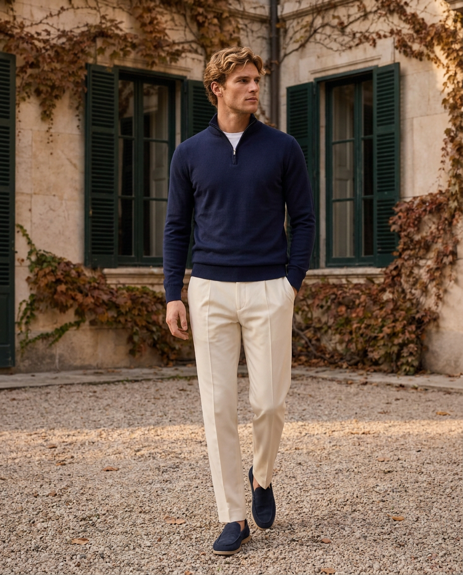 Model in the Zermatt Zip Sweater walking through a classic manor courtyard with autumn ivy