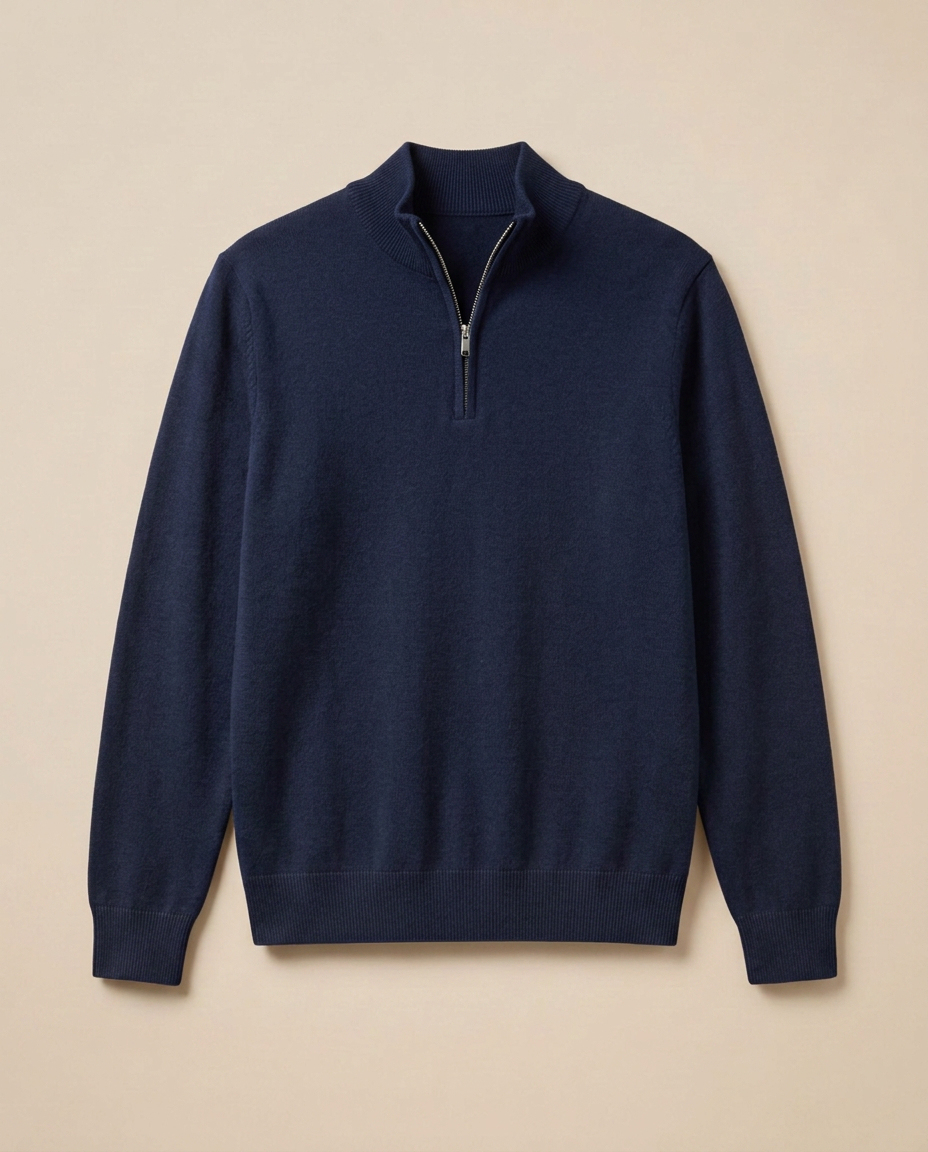 Zermatt Zip Sweater in Midnight Navy, front packshot on a warm beige background