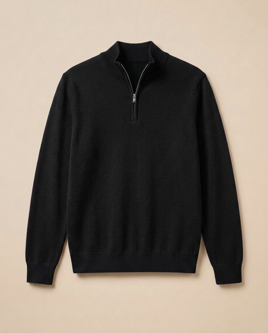 Zermatt Zip Sweater in Noir, front packshot on a warm beige background