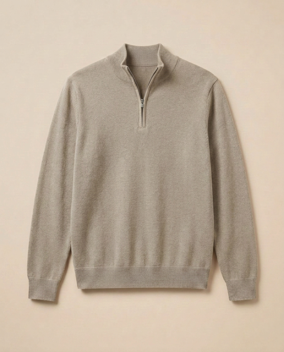 Zermatt Zip Sweater in Beige, front packshot on a warm beige background