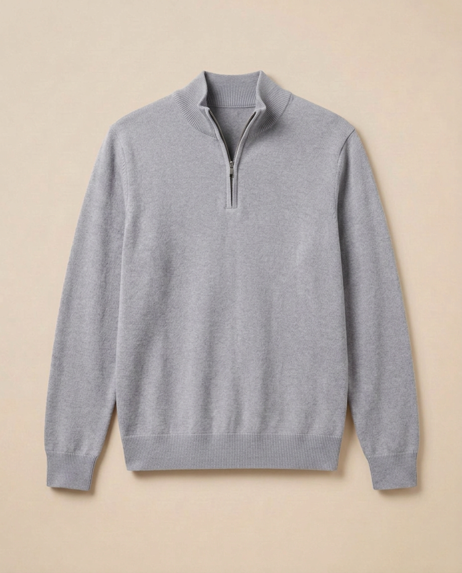 Zermatt Zip Sweater in Soft Grey, front packshot on a warm beige background