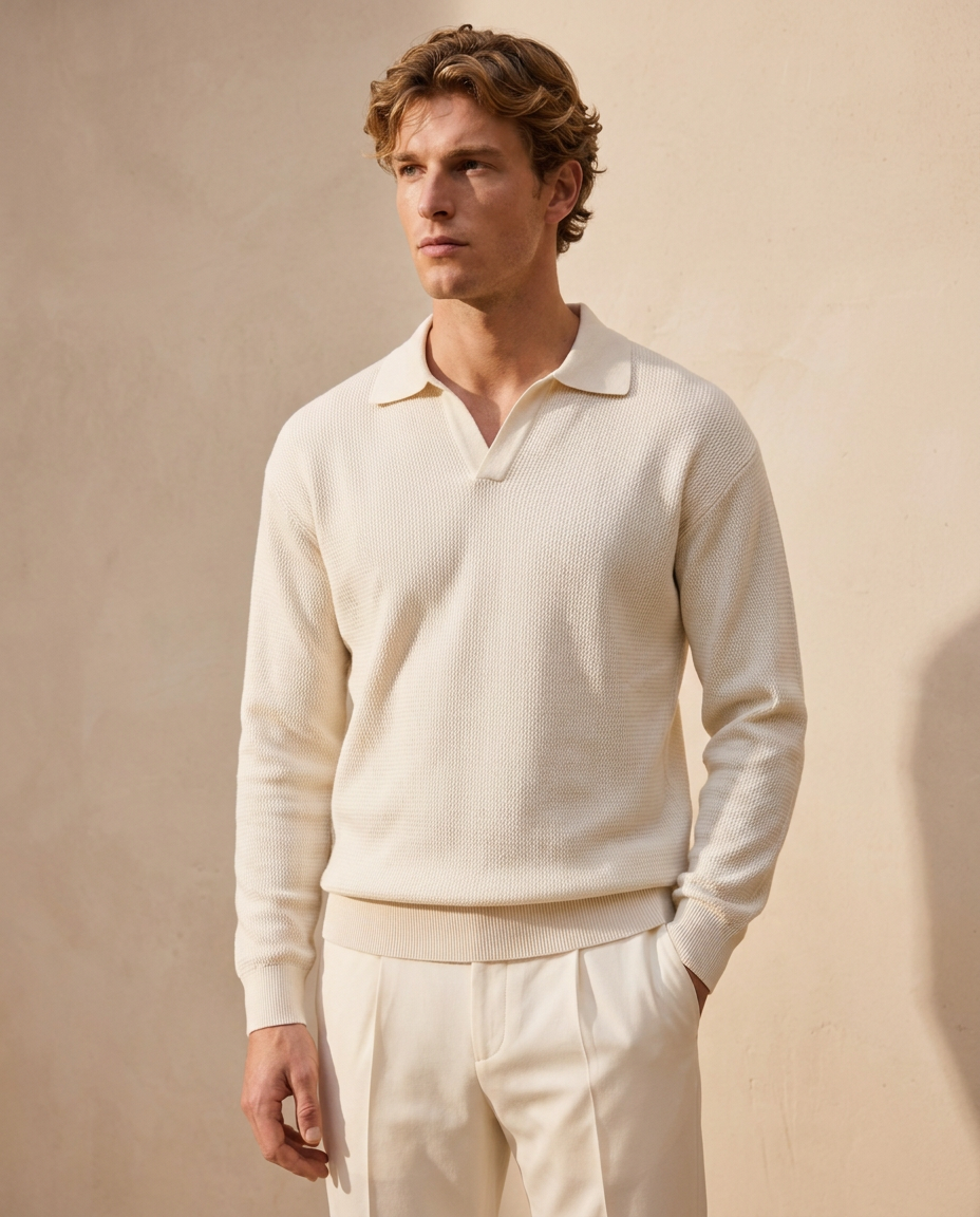 Man wearing the Antibes Knit Polo in Champagne Cream with cream trousers against a warm beige wall