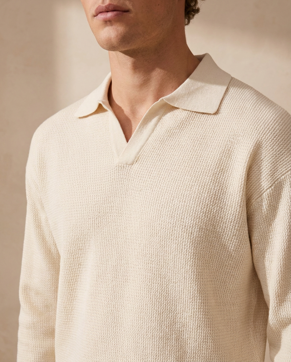 Close-up of the Antibes Knit Polo open collar and waffle knit texture