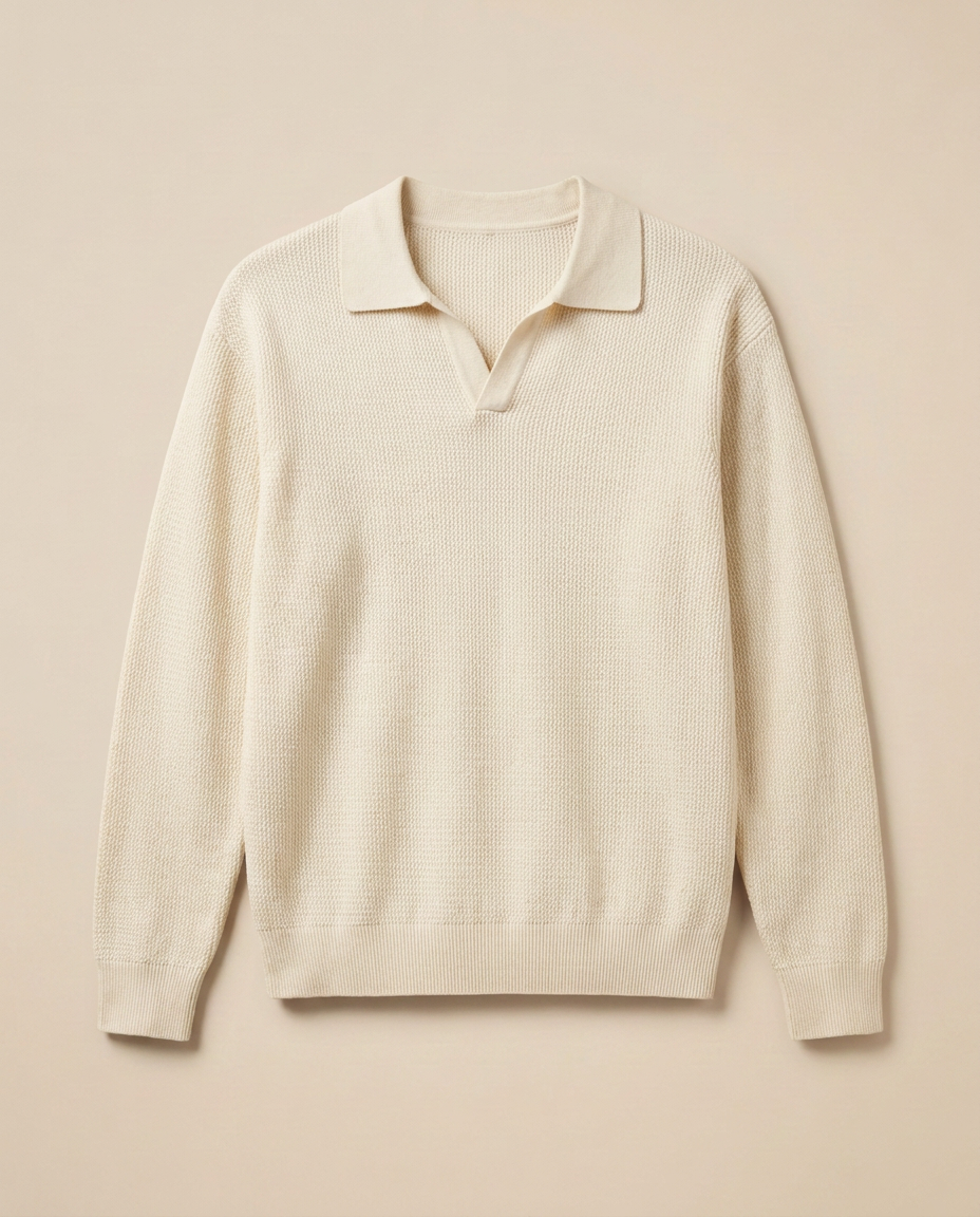 Antibes Knit Polo in Champagne Cream, front packshot on a warm beige background