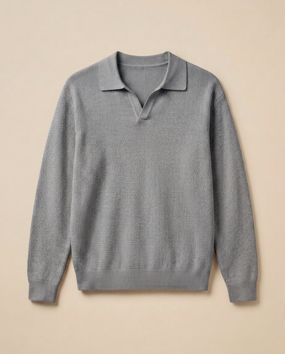 Antibes Knit Polo in Stone Grey, front packshot on a warm beige background