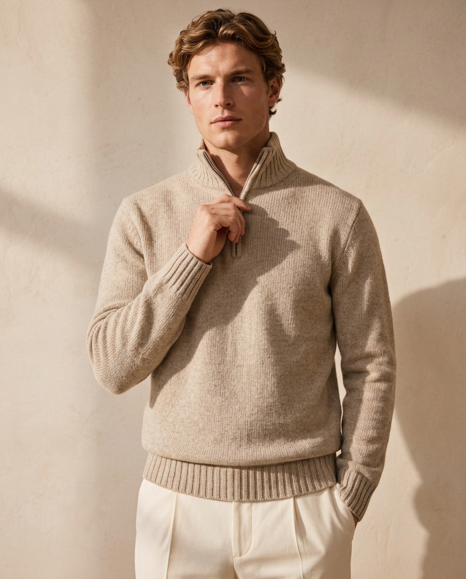 Man wearing the Gstaad Zip Sweater in Sand Beige with cream trousers against a warm beige wall
