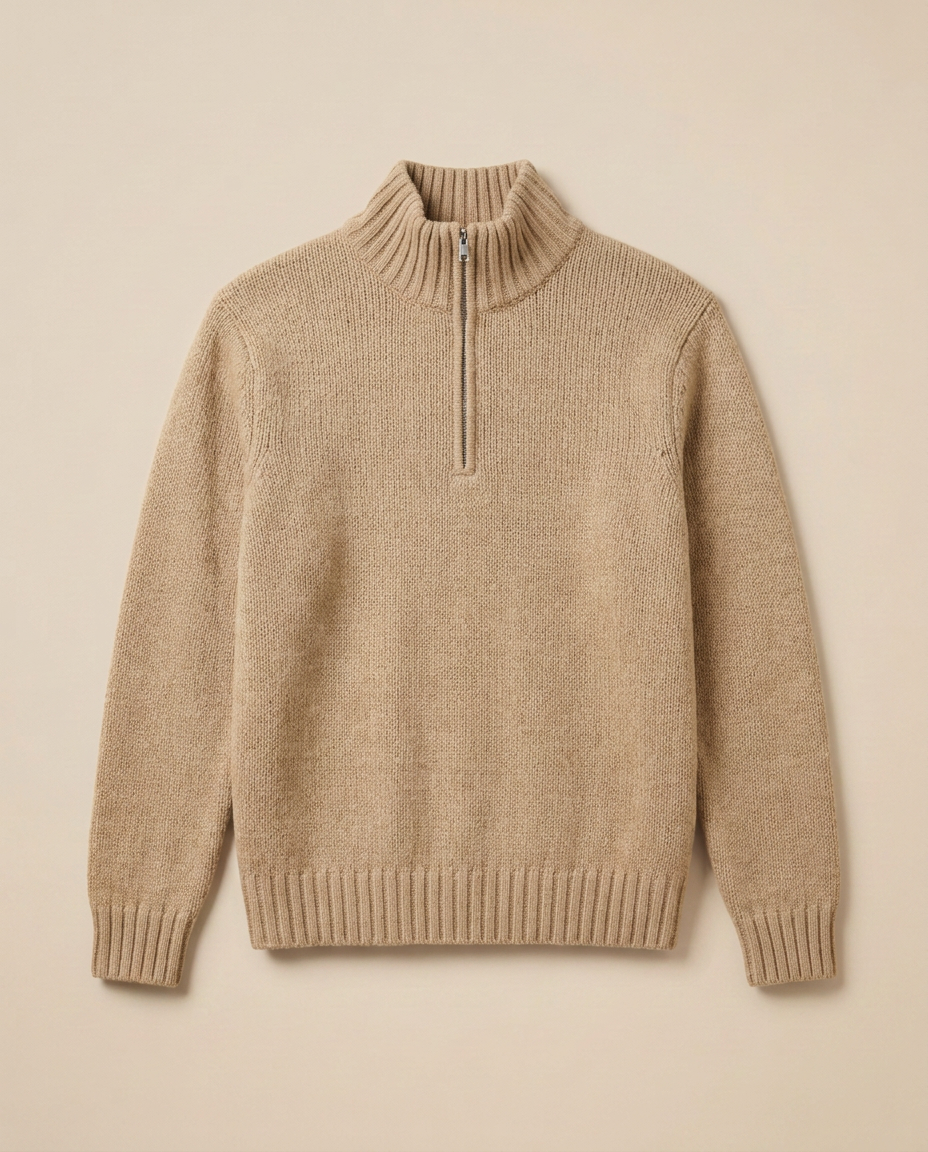 Gstaad Zip Sweater in Sand Beige, front packshot on a warm beige background