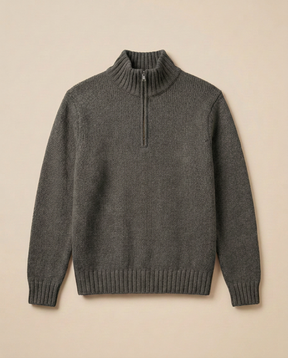 Gstaad Zip Sweater in Dark Grey, front packshot on a warm beige background