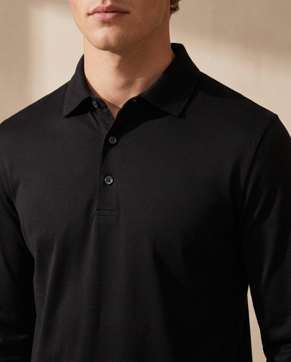 Close-up of the Menton Polo Shirt collar, button placket and cotton fabric