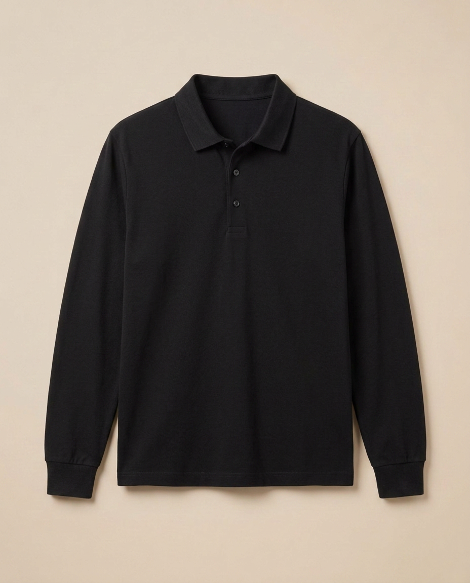 Menton Polo Shirt in Noir, front packshot on a warm beige background