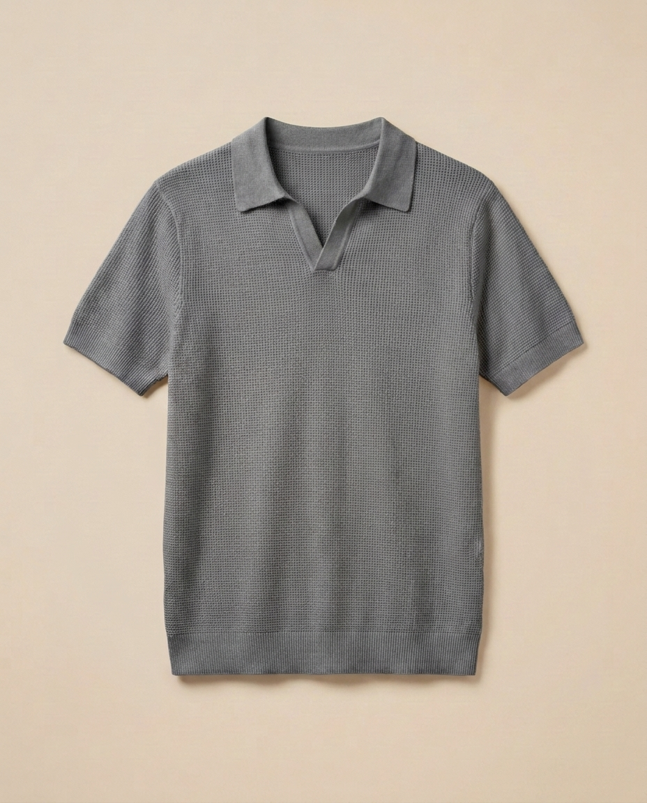 Amalfi Knit Polo in Stone Grey, front packshot on a warm beige background