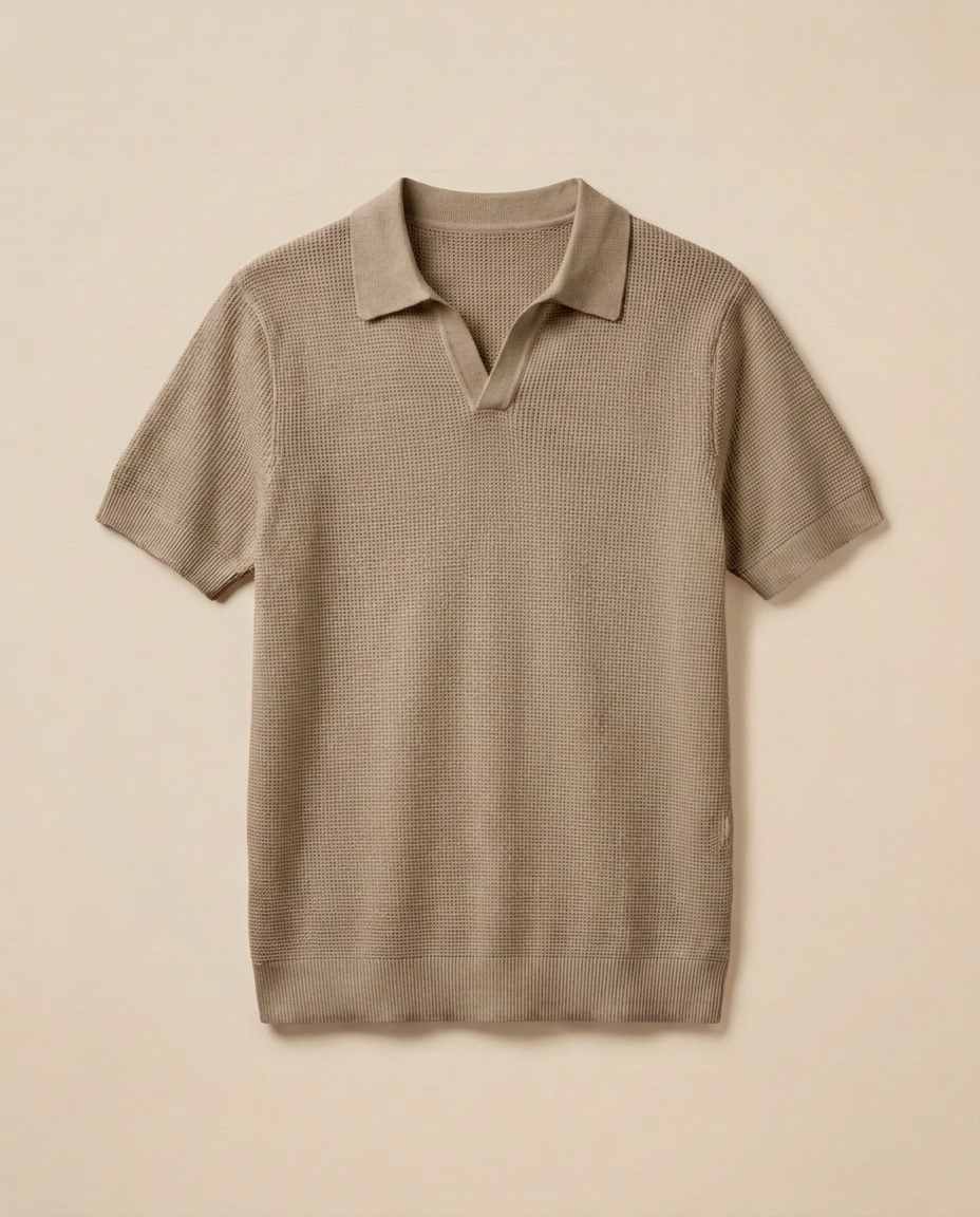 Amalfi Knit Polo in Khaki, front packshot on a warm beige background