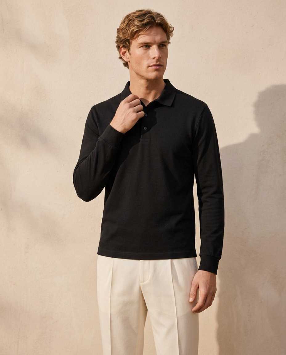 Man wearing the Menton Polo Shirt in Noir with cream trousers against a warm beige wall