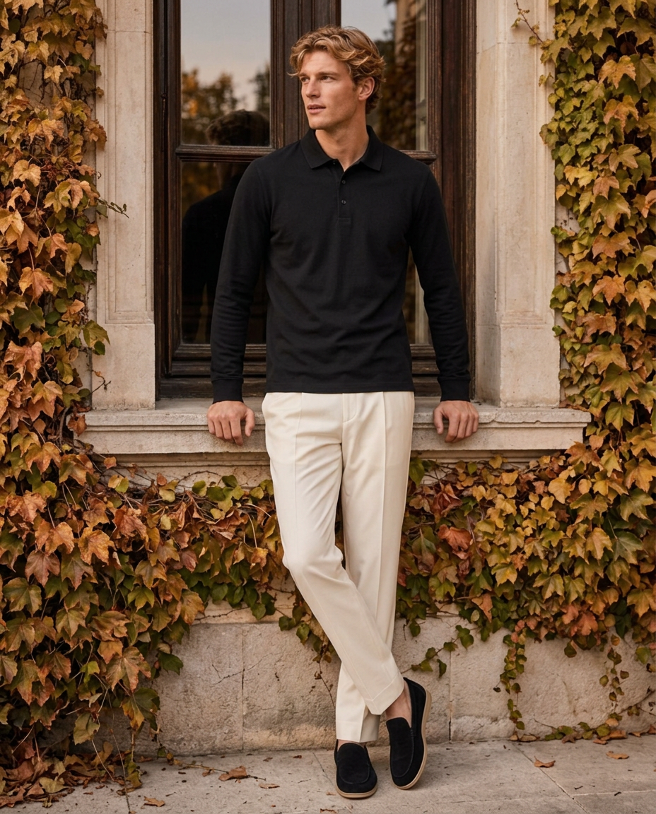 Model in the Menton Polo Shirt beside a manor window with autumn ivy