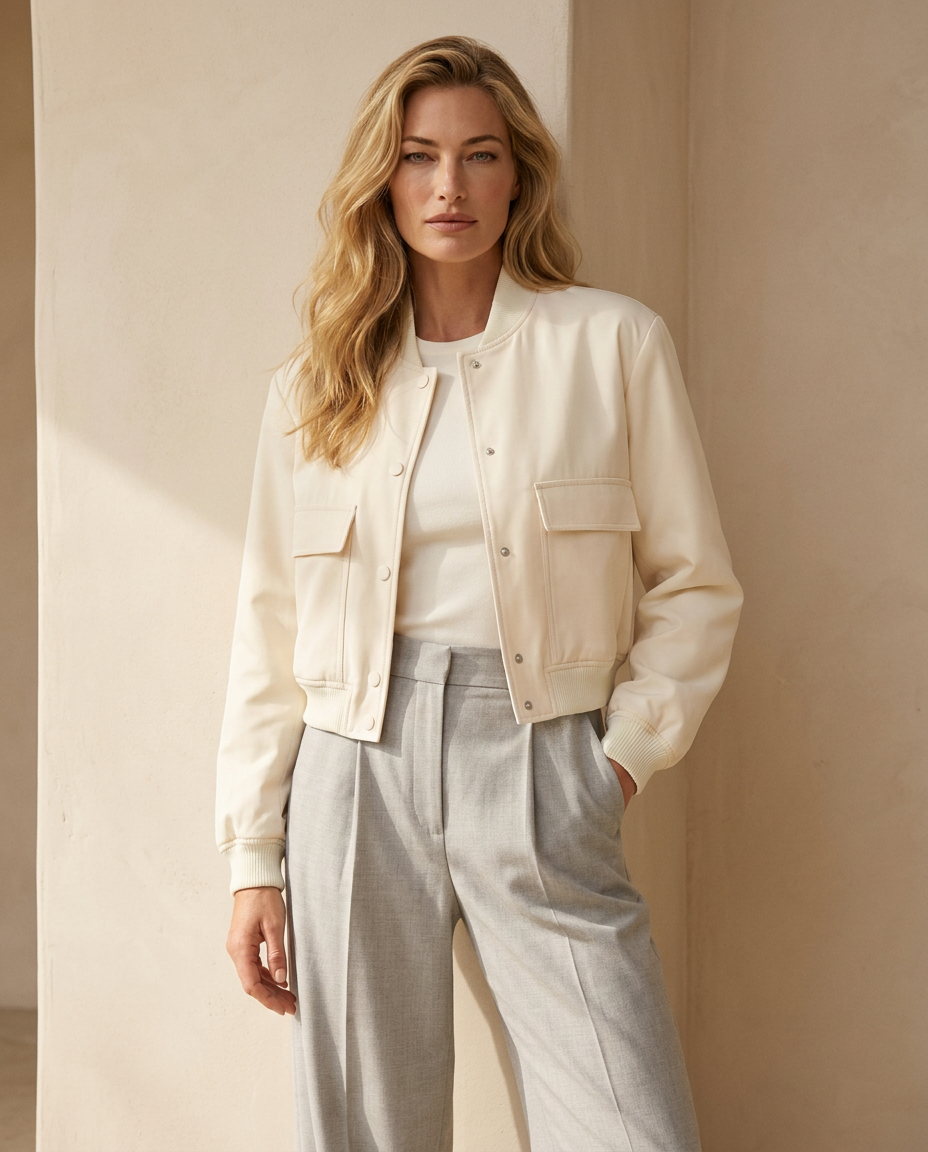Cassis Bomber Jacket in Cream worn by a model against a light beige wall