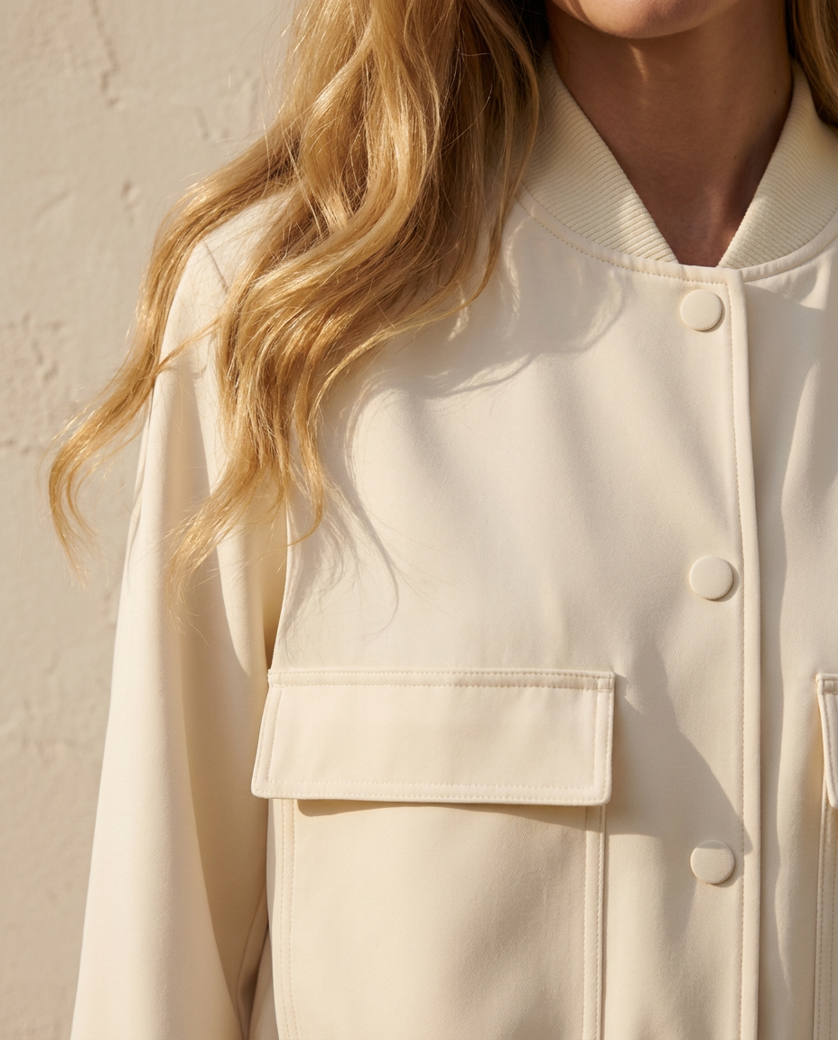 Close-up of the Cassis Bomber Jacket in Cream showing the flap pocket and covered snap buttons
