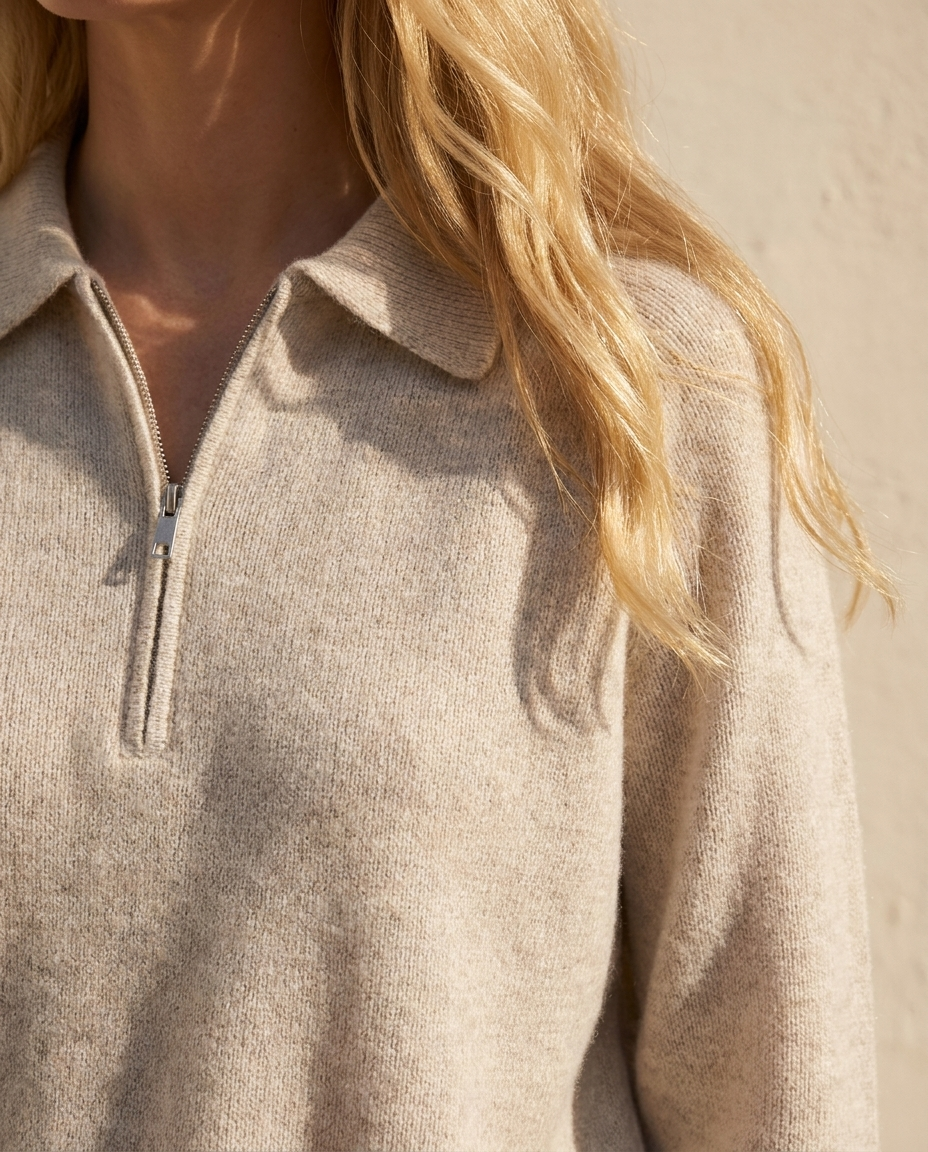 Close-up of the Verbier Half-Zip Sweater in Oatmeal showing the collar and half-zip