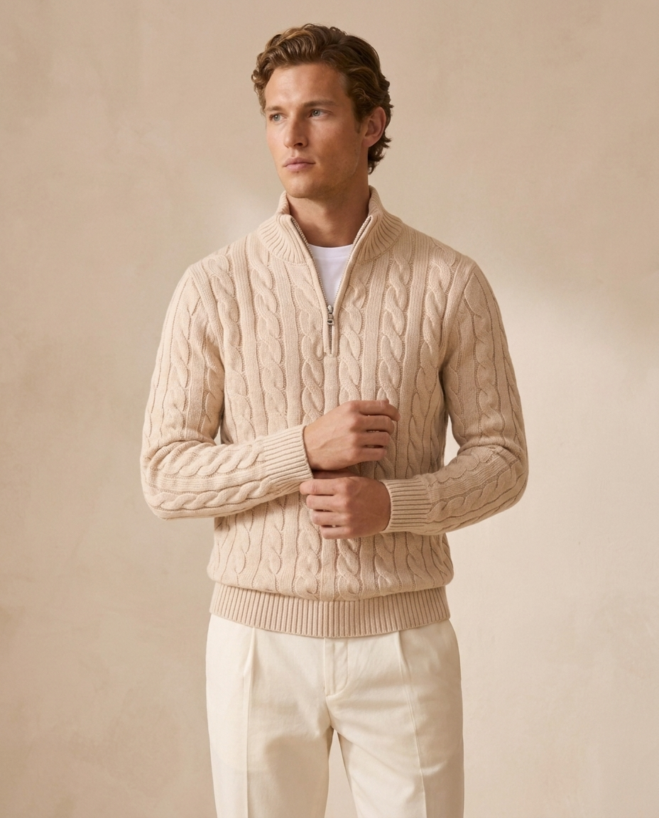 St. Moritz Cable Zip Sweater in Sand Beige on model